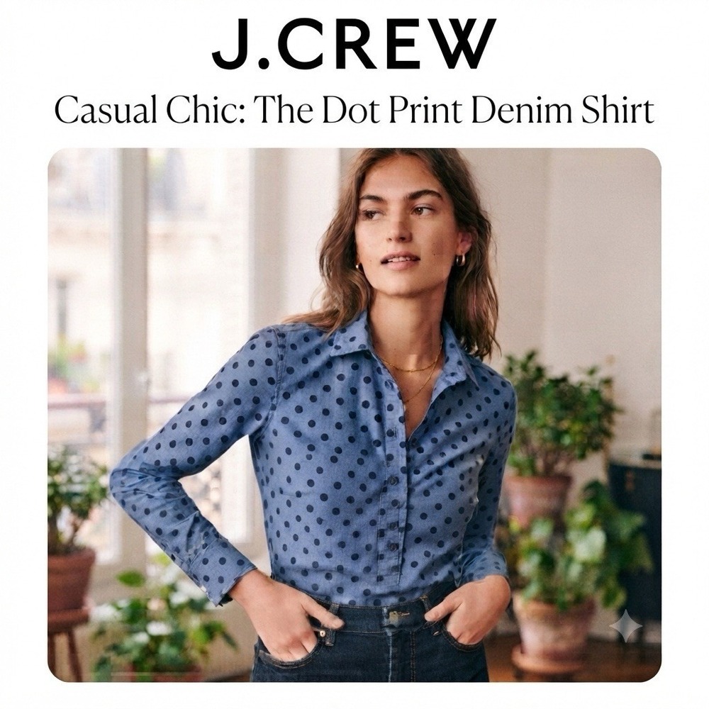 J.Crew Women Blue Polka Dot Denim Cotton Popover Shirt XS Long Sleeve Casual